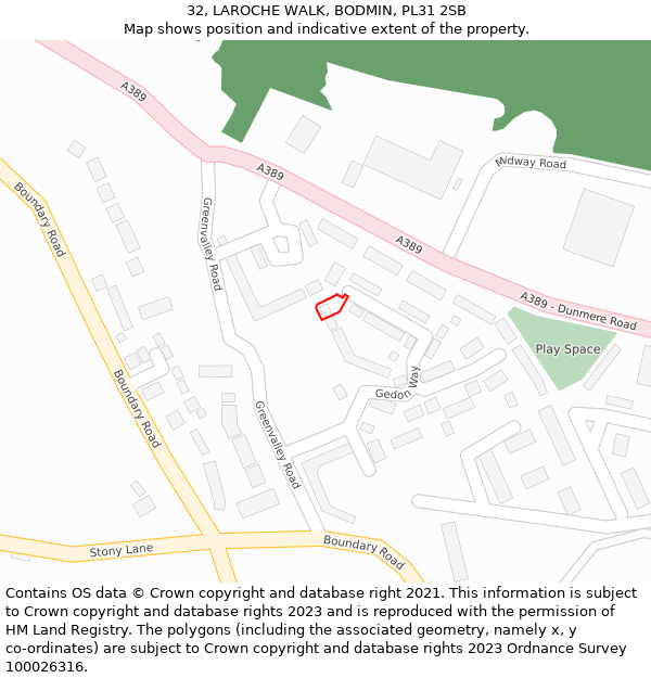 32, LAROCHE WALK, BODMIN, PL31 2SB: Location map and indicative extent of plot