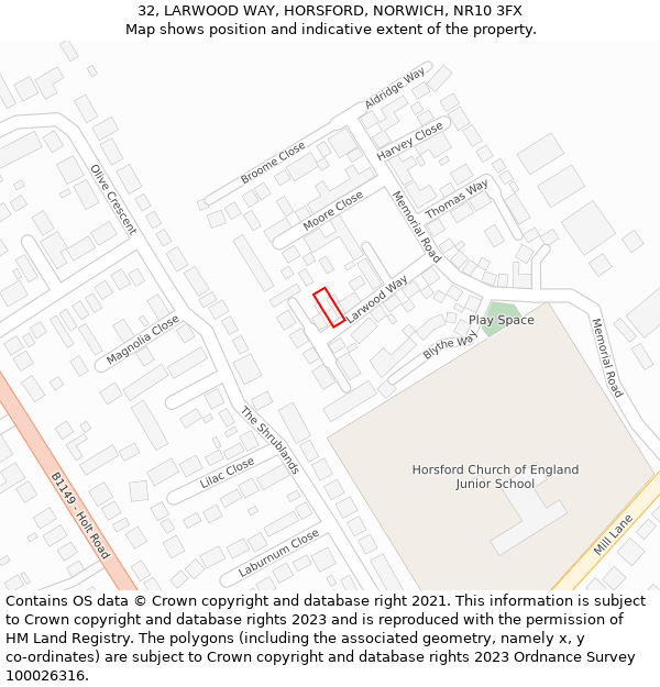 32, LARWOOD WAY, HORSFORD, NORWICH, NR10 3FX: Location map and indicative extent of plot