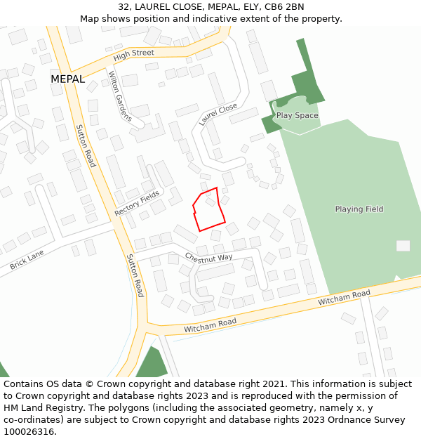 32, LAUREL CLOSE, MEPAL, ELY, CB6 2BN: Location map and indicative extent of plot