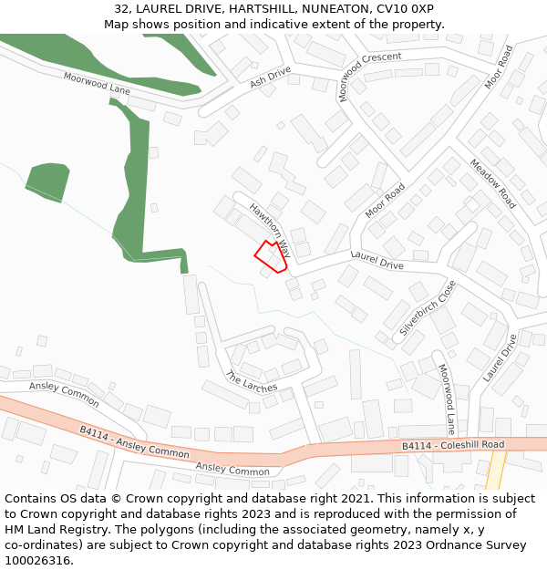 32, LAUREL DRIVE, HARTSHILL, NUNEATON, CV10 0XP: Location map and indicative extent of plot