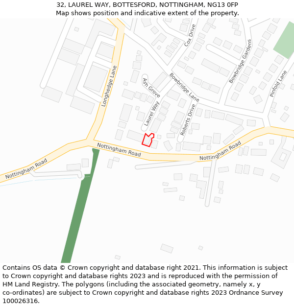 32, LAUREL WAY, BOTTESFORD, NOTTINGHAM, NG13 0FP: Location map and indicative extent of plot