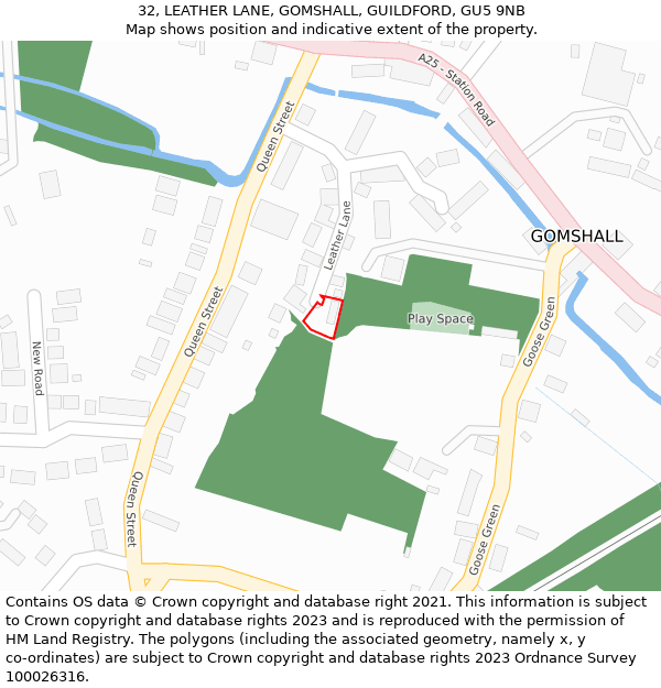 32, LEATHER LANE, GOMSHALL, GUILDFORD, GU5 9NB: Location map and indicative extent of plot