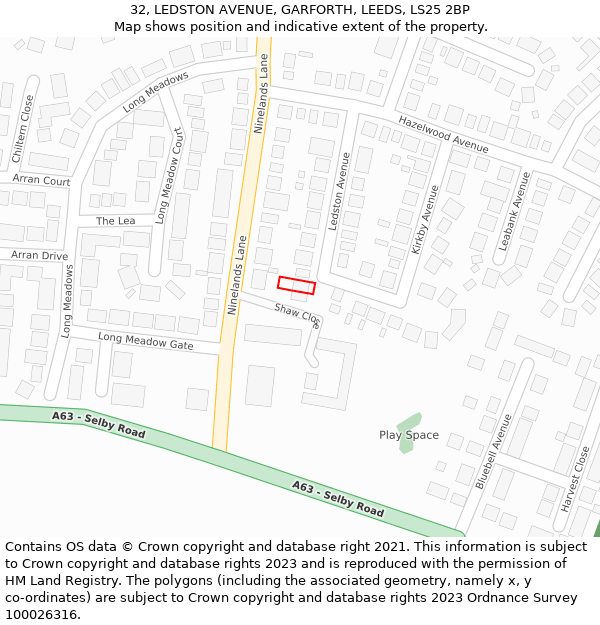 32, LEDSTON AVENUE, GARFORTH, LEEDS, LS25 2BP: Location map and indicative extent of plot