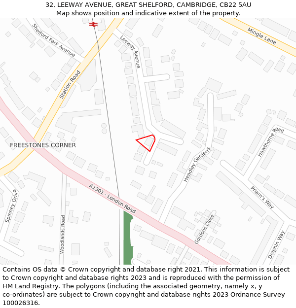 32, LEEWAY AVENUE, GREAT SHELFORD, CAMBRIDGE, CB22 5AU: Location map and indicative extent of plot