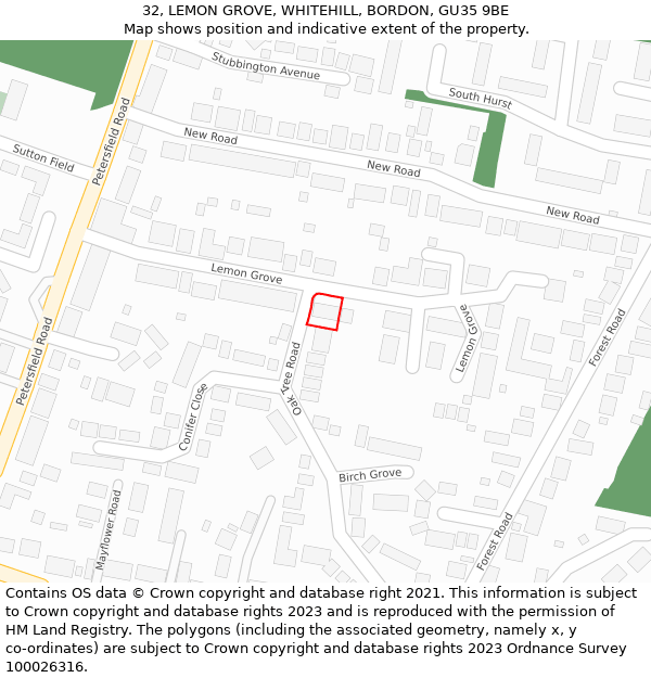 32, LEMON GROVE, WHITEHILL, BORDON, GU35 9BE: Location map and indicative extent of plot