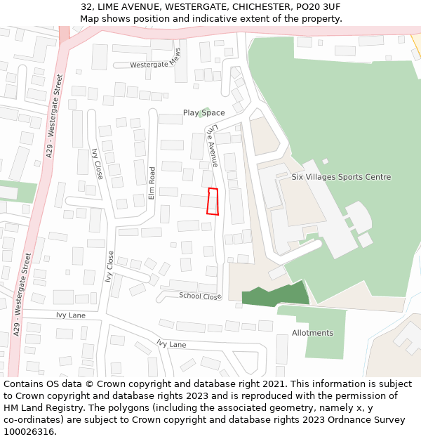 32, LIME AVENUE, WESTERGATE, CHICHESTER, PO20 3UF: Location map and indicative extent of plot