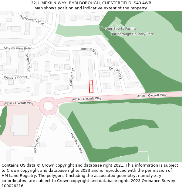 32, LIMEKILN WAY, BARLBOROUGH, CHESTERFIELD, S43 4WB: Location map and indicative extent of plot