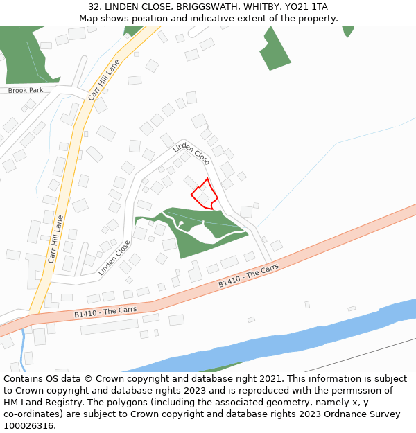 32, LINDEN CLOSE, BRIGGSWATH, WHITBY, YO21 1TA: Location map and indicative extent of plot