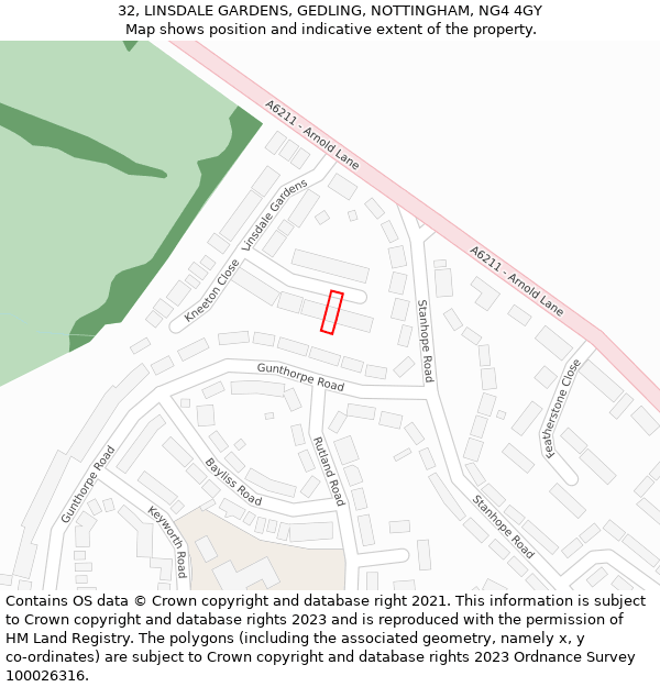32, LINSDALE GARDENS, GEDLING, NOTTINGHAM, NG4 4GY: Location map and indicative extent of plot