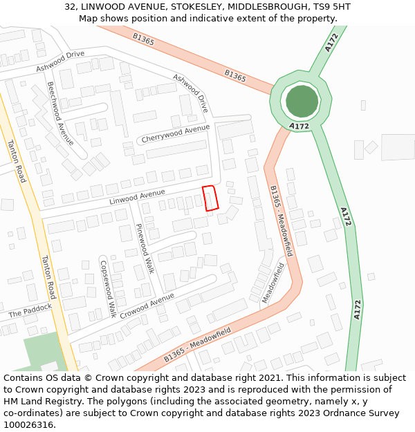 32, LINWOOD AVENUE, STOKESLEY, MIDDLESBROUGH, TS9 5HT: Location map and indicative extent of plot