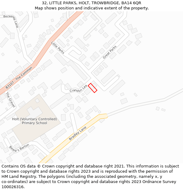 32, LITTLE PARKS, HOLT, TROWBRIDGE, BA14 6QR: Location map and indicative extent of plot