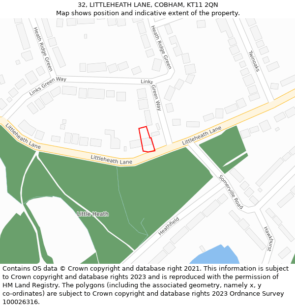 32, LITTLEHEATH LANE, COBHAM, KT11 2QN: Location map and indicative extent of plot