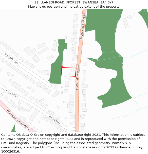 32, LLANEDI ROAD, FFOREST, SWANSEA, SA4 0YP: Location map and indicative extent of plot