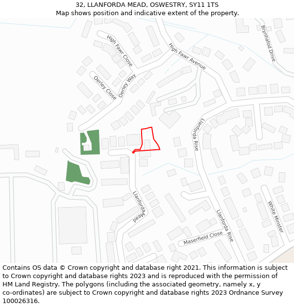 32, LLANFORDA MEAD, OSWESTRY, SY11 1TS: Location map and indicative extent of plot