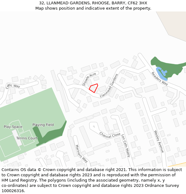 32, LLANMEAD GARDENS, RHOOSE, BARRY, CF62 3HX: Location map and indicative extent of plot