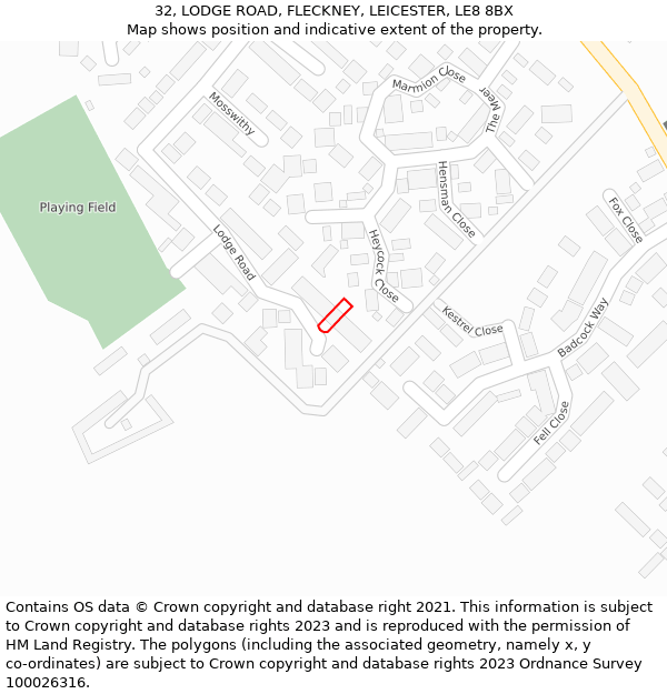 32, LODGE ROAD, FLECKNEY, LEICESTER, LE8 8BX: Location map and indicative extent of plot