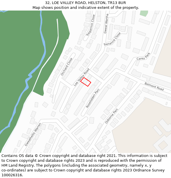 32, LOE VALLEY ROAD, HELSTON, TR13 8UR: Location map and indicative extent of plot