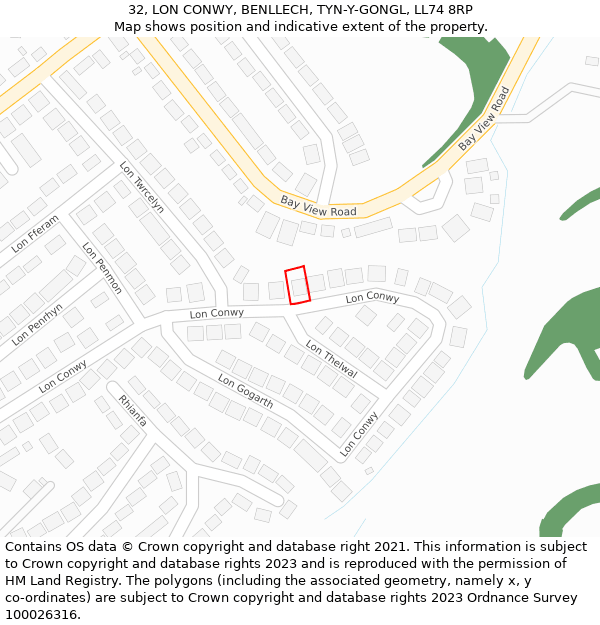 32, LON CONWY, BENLLECH, TYN-Y-GONGL, LL74 8RP: Location map and indicative extent of plot