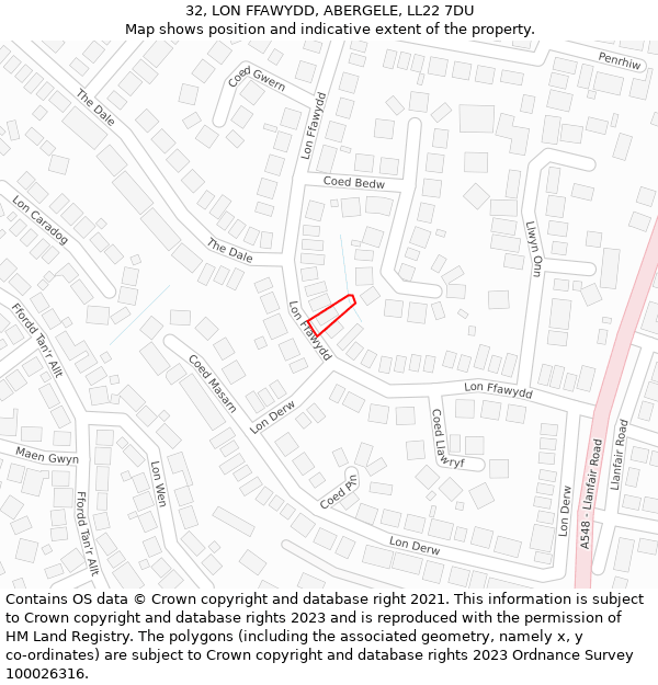 32, LON FFAWYDD, ABERGELE, LL22 7DU: Location map and indicative extent of plot