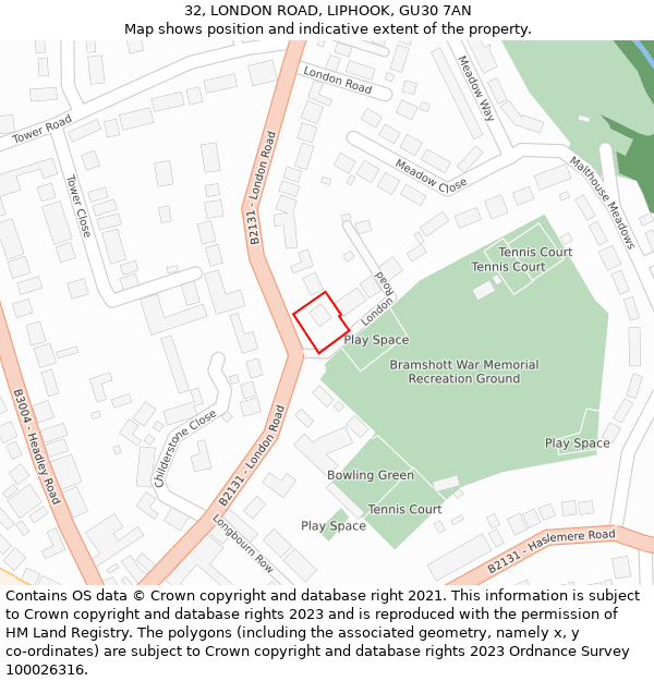 32, LONDON ROAD, LIPHOOK, GU30 7AN: Location map and indicative extent of plot