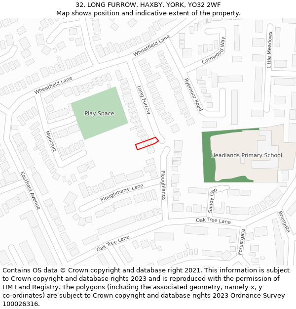 32, LONG FURROW, HAXBY, YORK, YO32 2WF: Location map and indicative extent of plot