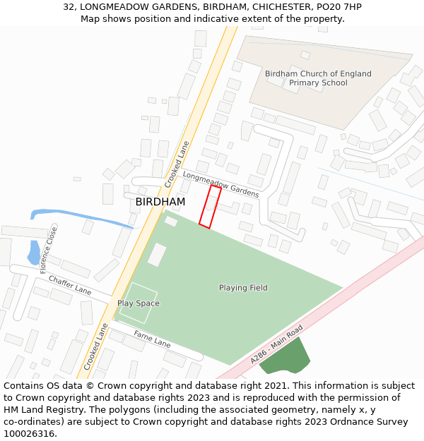 32, LONGMEADOW GARDENS, BIRDHAM, CHICHESTER, PO20 7HP: Location map and indicative extent of plot