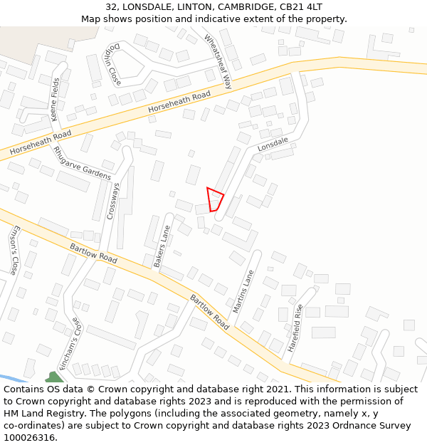 32, LONSDALE, LINTON, CAMBRIDGE, CB21 4LT: Location map and indicative extent of plot