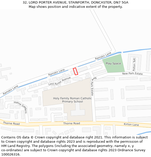 32, LORD PORTER AVENUE, STAINFORTH, DONCASTER, DN7 5GA: Location map and indicative extent of plot