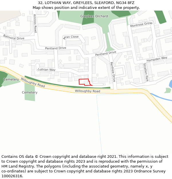 32, LOTHIAN WAY, GREYLEES, SLEAFORD, NG34 8FZ: Location map and indicative extent of plot