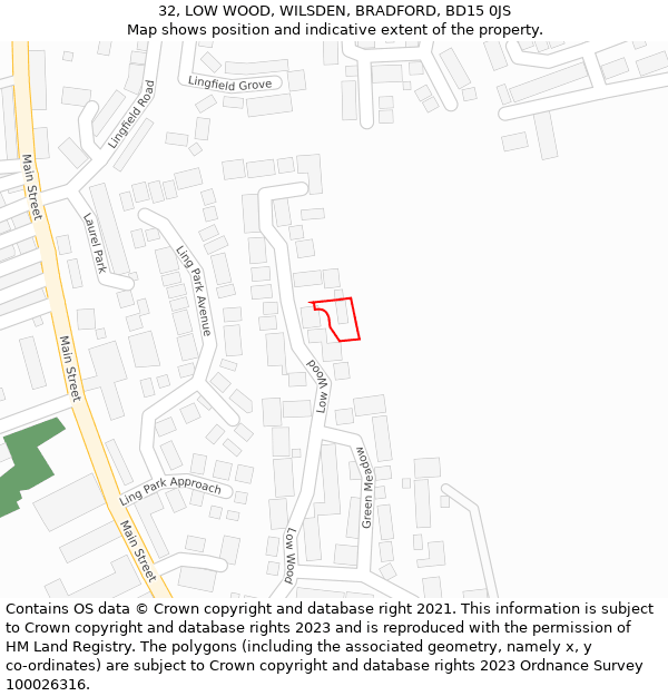 32, LOW WOOD, WILSDEN, BRADFORD, BD15 0JS: Location map and indicative extent of plot