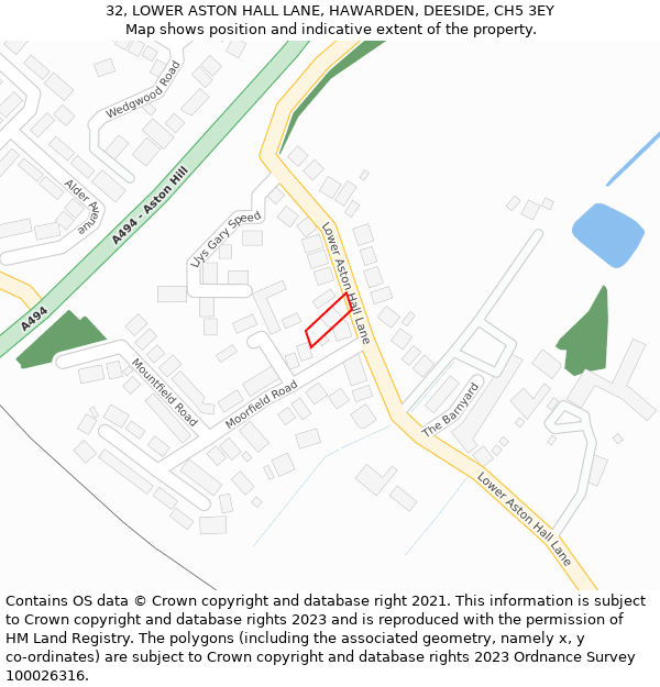 32, LOWER ASTON HALL LANE, HAWARDEN, DEESIDE, CH5 3EY: Location map and indicative extent of plot