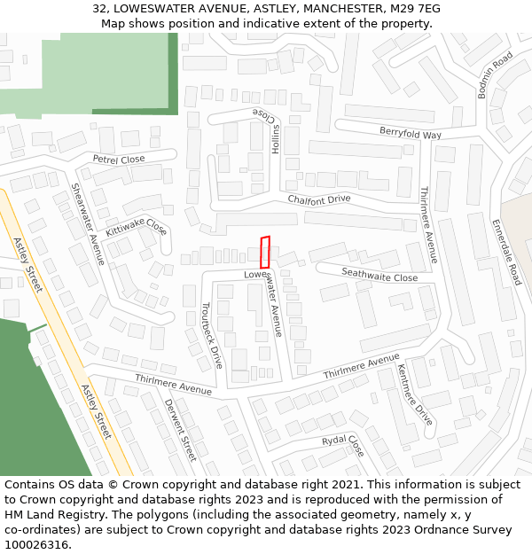 32, LOWESWATER AVENUE, ASTLEY, MANCHESTER, M29 7EG: Location map and indicative extent of plot