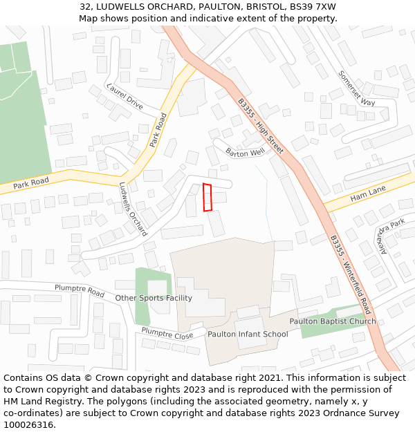 32, LUDWELLS ORCHARD, PAULTON, BRISTOL, BS39 7XW: Location map and indicative extent of plot