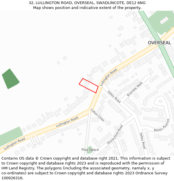 32, LULLINGTON ROAD, OVERSEAL, SWADLINCOTE, DE12 6NG: Location map and indicative extent of plot