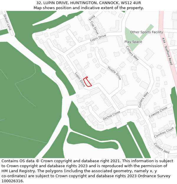 32, LUPIN DRIVE, HUNTINGTON, CANNOCK, WS12 4UR: Location map and indicative extent of plot