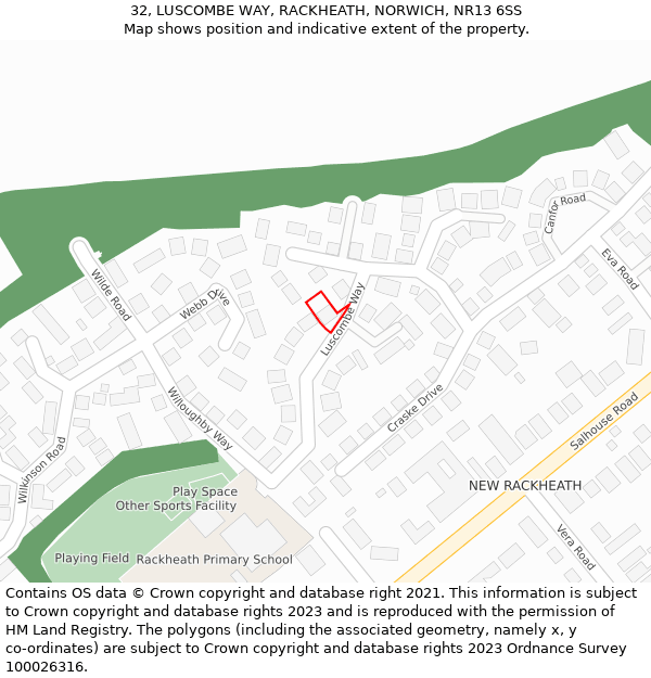 32, LUSCOMBE WAY, RACKHEATH, NORWICH, NR13 6SS: Location map and indicative extent of plot