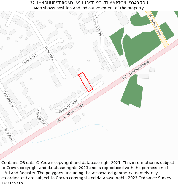 32, LYNDHURST ROAD, ASHURST, SOUTHAMPTON, SO40 7DU: Location map and indicative extent of plot