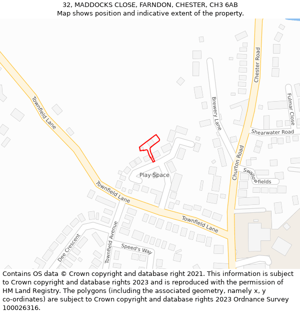 32, MADDOCKS CLOSE, FARNDON, CHESTER, CH3 6AB: Location map and indicative extent of plot