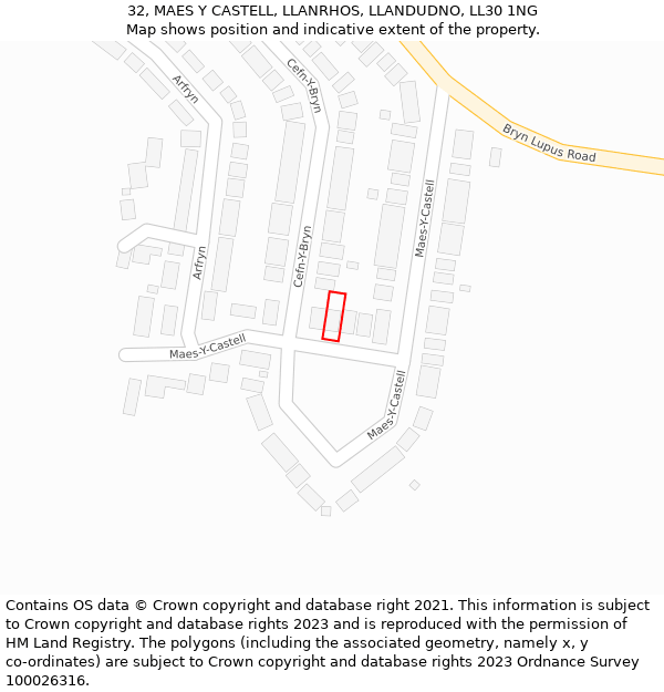 32, MAES Y CASTELL, LLANRHOS, LLANDUDNO, LL30 1NG: Location map and indicative extent of plot