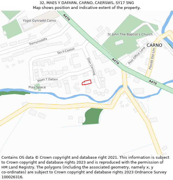 32, MAES Y DAFARN, CARNO, CAERSWS, SY17 5NG: Location map and indicative extent of plot