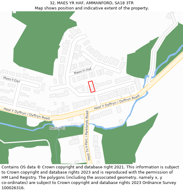 32, MAES YR HAF, AMMANFORD, SA18 3TR: Location map and indicative extent of plot