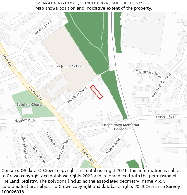 32, MAFEKING PLACE, CHAPELTOWN, SHEFFIELD, S35 2UT: Location map and indicative extent of plot