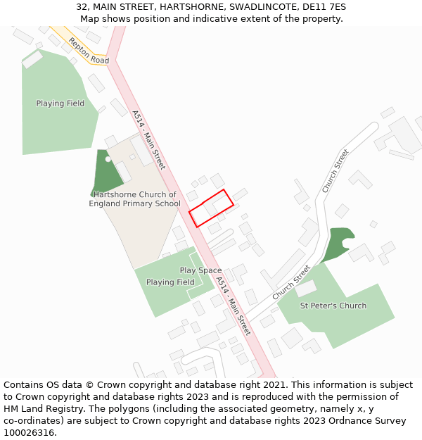 32, MAIN STREET, HARTSHORNE, SWADLINCOTE, DE11 7ES: Location map and indicative extent of plot