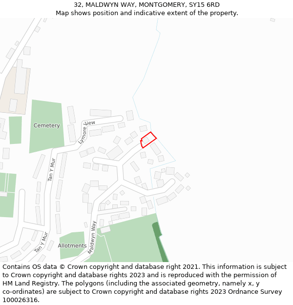 32, MALDWYN WAY, MONTGOMERY, SY15 6RD: Location map and indicative extent of plot