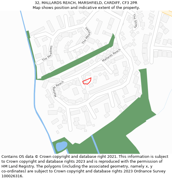 32, MALLARDS REACH, MARSHFIELD, CARDIFF, CF3 2PR: Location map and indicative extent of plot