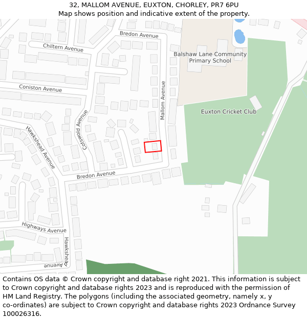 32, MALLOM AVENUE, EUXTON, CHORLEY, PR7 6PU: Location map and indicative extent of plot