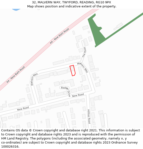 32, MALVERN WAY, TWYFORD, READING, RG10 9PX: Location map and indicative extent of plot