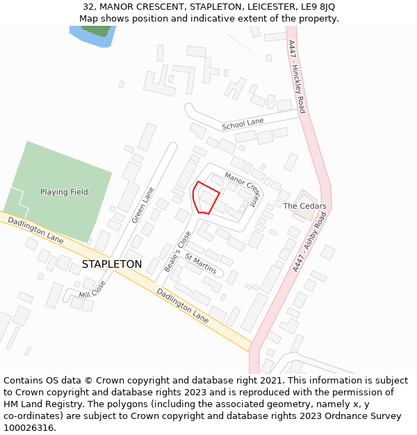 32, MANOR CRESCENT, STAPLETON, LEICESTER, LE9 8JQ: Location map and indicative extent of plot