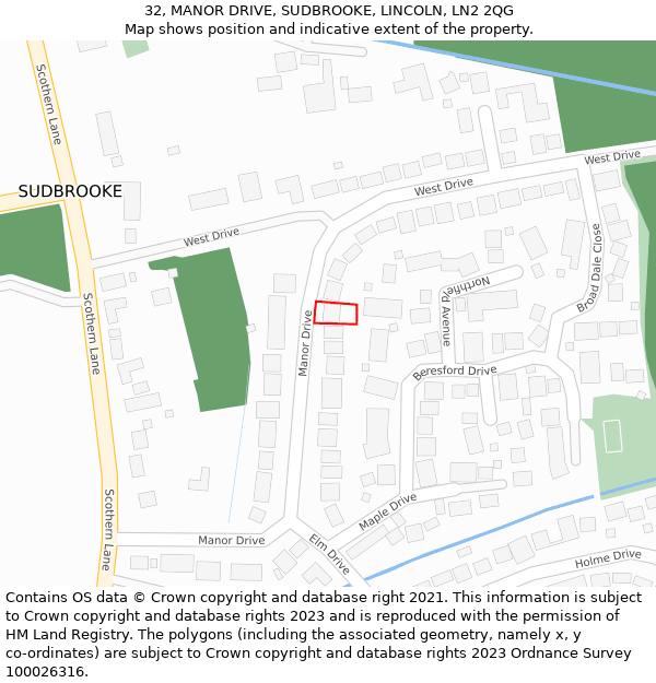 32, MANOR DRIVE, SUDBROOKE, LINCOLN, LN2 2QG: Location map and indicative extent of plot