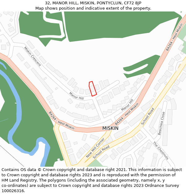 32, MANOR HILL, MISKIN, PONTYCLUN, CF72 8JP: Location map and indicative extent of plot